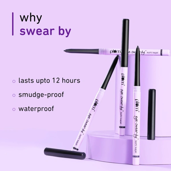 Plum Eye-Swear-By Kajal 0.35g Deep Black | Creamy Smooth, Waterproof & Smudge-Proof | 12hr Long-Lasting Twist-Up Kajal Pencil | Enriched with Vitamin E | 100% Vegan & Cruelty-Free