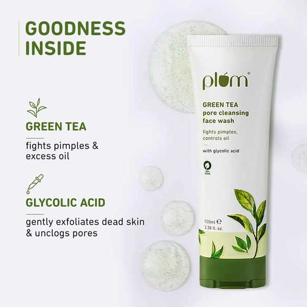 Plum Green Tea Pore Cleansing Face Wash 100ml | With Glycolic Acid | Fights Pimples & Controls Excess Oil | Gentle Exfoliating, Non-Drying | For Oily, Acne-Prone & Combination Skin | Vegan | Women & Men