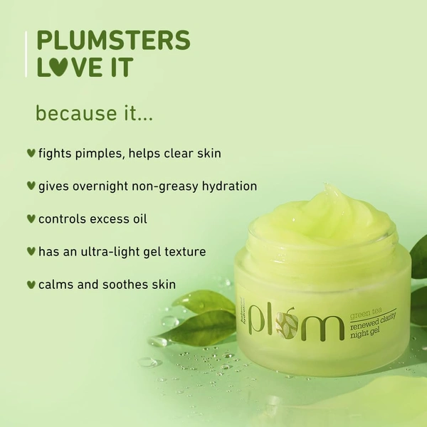 Plum Green Tea Renewed Clarity Night Gel 50ml with Glycolic Acid | Hydrating Night Cream for Women | Fights Acne, Repairs Overnight | Lightweight, Vegan & Paraben-Free