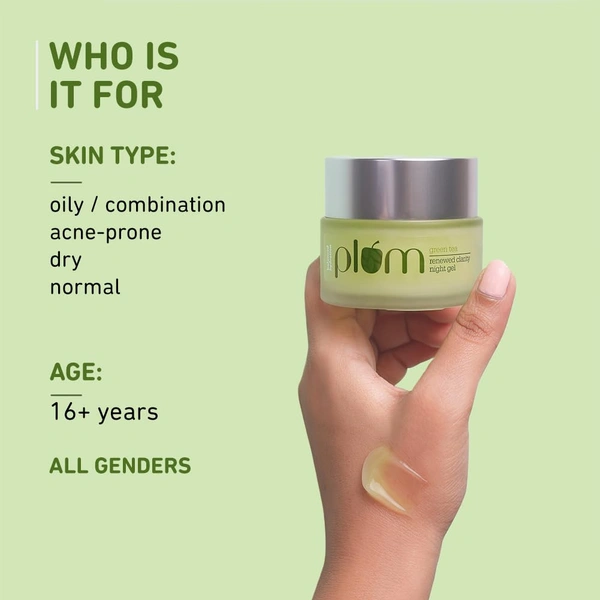 Plum Green Tea Renewed Clarity Night Gel 50ml with Glycolic Acid | Hydrating Night Cream for Women | Fights Acne, Repairs Overnight | Lightweight, Vegan & Paraben-Free