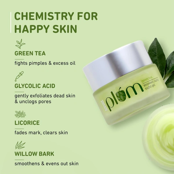 Plum Green Tea Renewed Clarity Night Gel 50ml with Glycolic Acid | Hydrating Night Cream for Women | Fights Acne, Repairs Overnight | Lightweight, Vegan & Paraben-Free