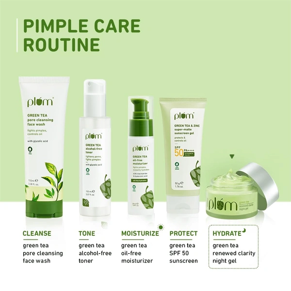 Plum Green Tea Renewed Clarity Night Gel 50ml with Glycolic Acid | Hydrating Night Cream for Women | Fights Acne, Repairs Overnight | Lightweight, Vegan & Paraben-Free