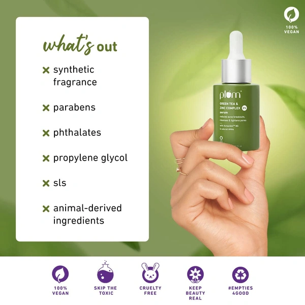Plum Green Tea & Zinc Complex 3% Serum 30ml for Acne-Prone Skin | Controls Sebum & Clears Pores | Reduces Breakouts & Tightens Skin | Lightweight & Non-Greasy