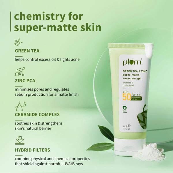 Plum Green Tea & Zinc Super-Matte Gel Sunscreen SPF 50 PA++++ 50g | Oil-Free, Non-Sticky, No White Cast | For Oily, Combination & Acne-Prone Skin | Vegan & Lightweight