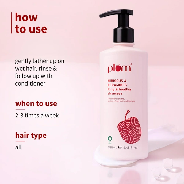 Plum Hibiscus & Ceramides Long & Healthy Shampoo 250ml | Hydrating & Conditioning Shampoo | Prevents Split Ends | With Hibiscus Extracts & Ceramides | 100% Vegan & Paraben-Free