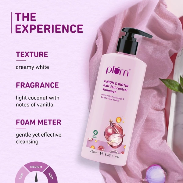 Plum Onion & Biotin Shampoo for Hairfall Control 250ml | Reduces Hairfall & Breakage | With Onion Extract, Biotin & D-Panthenol | Boosts Scalp Health | Paraben-Free & Vegan