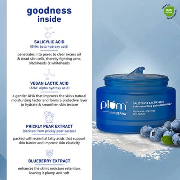 Plum Salicylic & Lactic Acid Gel Face Moisturizer 50gm | Skin-Smoothing Lightweight Gel | Oil-Free Hydration | Fights Active Acne, Clears Pores & Improves Skin Texture