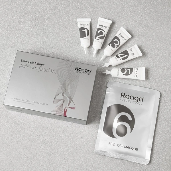 Raaga Professional Stem Cells Infused Platinum 6 Step Facial Kit - 61g | with Argan Stem Cells & Platinum Colloid | Restore Skin Balance | Skin cell regeneration | Suitable for All Skin Types