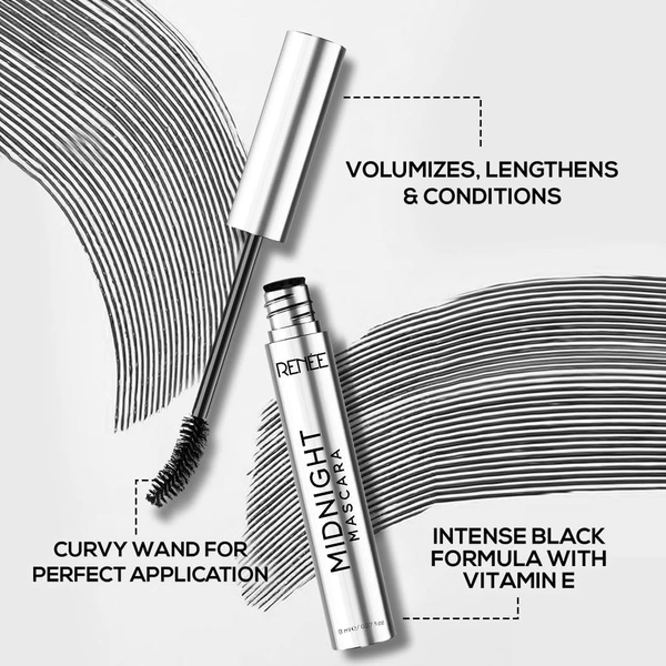 Renee Midnight Mascara  8ml | Volumizing & Lengthening Mascara | Intense Black Lash Definition | Bold, Long-Lasting Lashes | Smudge-Proof Mascara | Darkest Black | Clump-Free | Infused with Vitamin E | Suitable for All Eye Shapes |