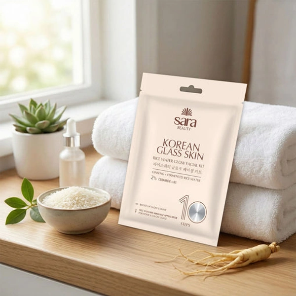 Sara Beuty Korean Glass Glow Facial Kit with Rice Extract & Ceramides | 10 Step Salon Facial Kit for Brightening, Hydration & Smooth Radiant Skin