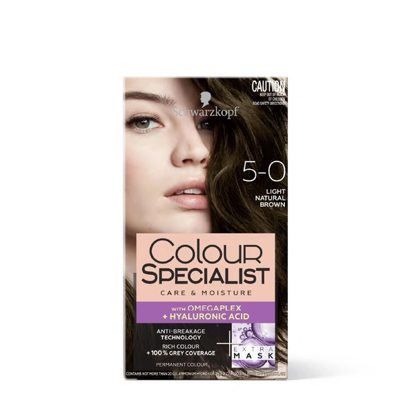 Schwarzkopf Colour Specialist 5.0 Light Natural Brown Permanent Hair Colour 100ml  With Omegaplex + Hyaluronic Acid | Anti-Breakage | 100% Grey Coverage | Nourished Shine