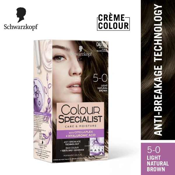Schwarzkopf Colour Specialist 5.0 Light Natural Brown Permanent Hair Colour 100ml  With Omegaplex + Hyaluronic Acid | Anti-Breakage | 100% Grey Coverage | Nourished Shine