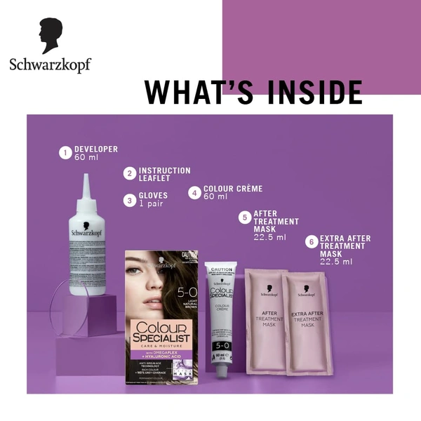 Schwarzkopf Colour Specialist 5.0 Light Natural Brown Permanent Hair Colour 100ml  With Omegaplex + Hyaluronic Acid | Anti-Breakage | 100% Grey Coverage | Nourished Shine