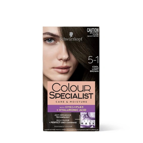Schwarzkopf Colour Specialist 5.1 Cool Light Brown Permanent Hair Colour 100ml with Omegaplex & Hyaluronic Acid | Anti-Breakage Care | 100% Grey Coverage | Nourished Shine