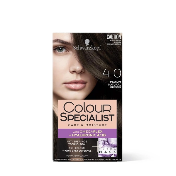 Schwarzkopf Colour Specialist Permanent  Hair Colour 100ml| 4.0 Medium Natural Brown Colour  with Omegaplex + Hyaluronic Acid | Anti-Breakage Tech | 100% Grey Coverage