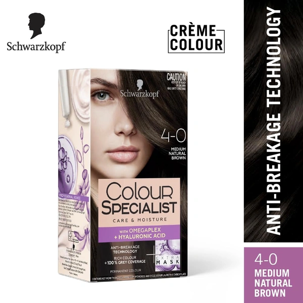 Schwarzkopf Colour Specialist Permanent  Hair Colour 100ml| 4.0 Medium Natural Brown Colour  with Omegaplex + Hyaluronic Acid | Anti-Breakage Tech | 100% Grey Coverage