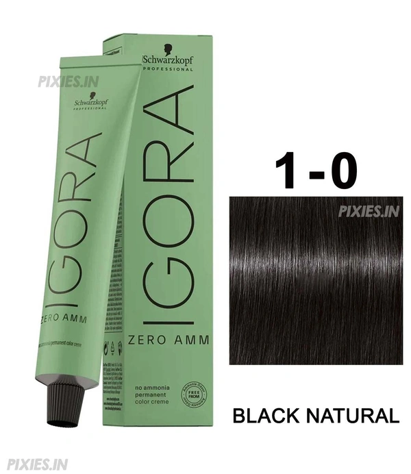 Schwarzkopf Professional 1-0 Black Natural IGORA ZERO AMM Ammonia-Free  Tube 60gm| & Permanent Hair Color | 100% Grey Coverage | Phytolipid Technology