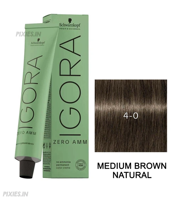 Schwarzkopf Professional 4-0 Medium Brown Natural IGORA ZERO AMM Ammonia-Free Tube 60gm| Permanent Hair Color & 100% Grey Coverage | Phytolipid Technology