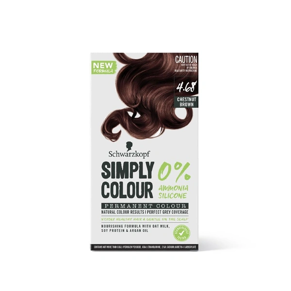 Schwarzkopf Simply Colour Chestnut Brown 4.68 Hair Colour 142.5ml | 100% Grey Coverage | Ammonia & Silicone Free | With Soy Protein, Argan Oil & Oat Milk | Gentle Formula
