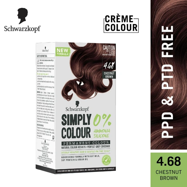 Schwarzkopf Simply Colour Chestnut Brown 4.68 Hair Colour 142.5ml | 100% Grey Coverage | Ammonia & Silicone Free | With Soy Protein, Argan Oil & Oat Milk | Gentle Formula