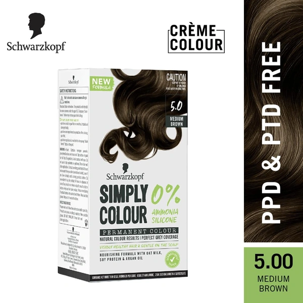 Schwarzkopf Simply Colour Medium Brown 5.0 Hair Colour 142.5ml | 100% Grey Coverage | Ammonia & Silicone Free | With Soy Protein, Argan Oil & Oat Milk | Gentle Formula