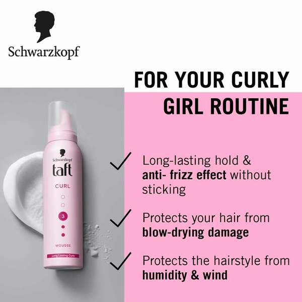 Schwarzkopf Taft Curl Hold 3 Hair Mousse | Medium Hold & Bounce | Frizz Control & Curl Definition | Lightweight & Non-Sticky | Silicone-Free | For Curly & Wavy Hair