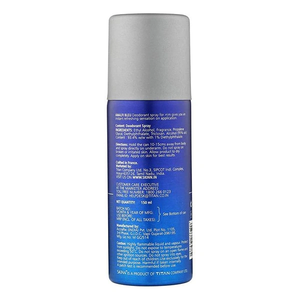 Skinn by Titan Amalfi Bleu Deodorant Spray for men 150ml|Fresh, Citrusy & Aquatic Fragrance| Long-Lasting Freshness & Odor Protection