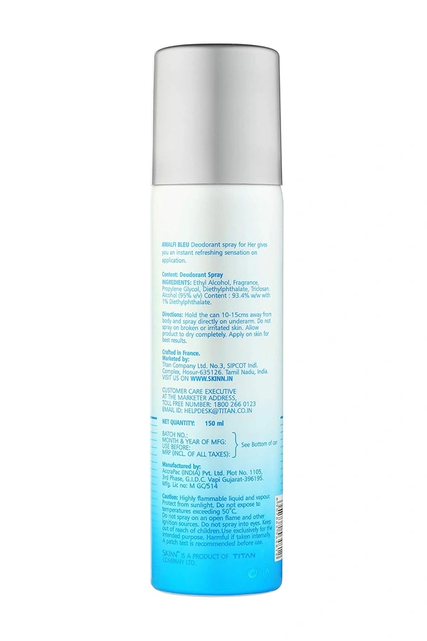 Skinn by Titan Deo Spray Amalfi Bleu - Floral Scent for Women 150ml | Long-Lasting Fragrance | Freshness & Odor Protection | Premium Deodorant for Women | Elegant & Refreshing Scent