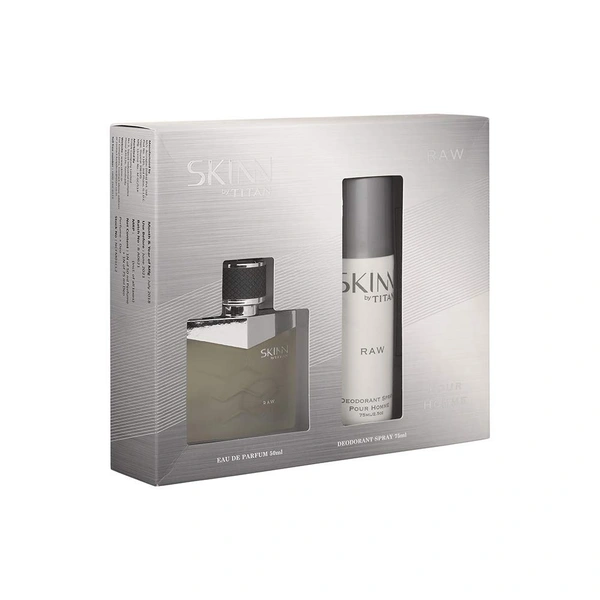 Skinn by Titan Raw EDP & Deo Gift Pack for Men | 50ml Perfume + 75ml Deodorant | Fresh, Woody & Spicy Scent | Long-Lasting Fragrance | Perfect Gift Set for Men