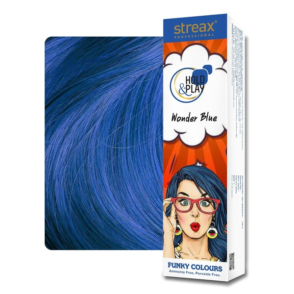 Streax Hold & Play Funky Colours - Wonder Blue | Vibrant Semi-Permanent Hair Color for Women 100gm