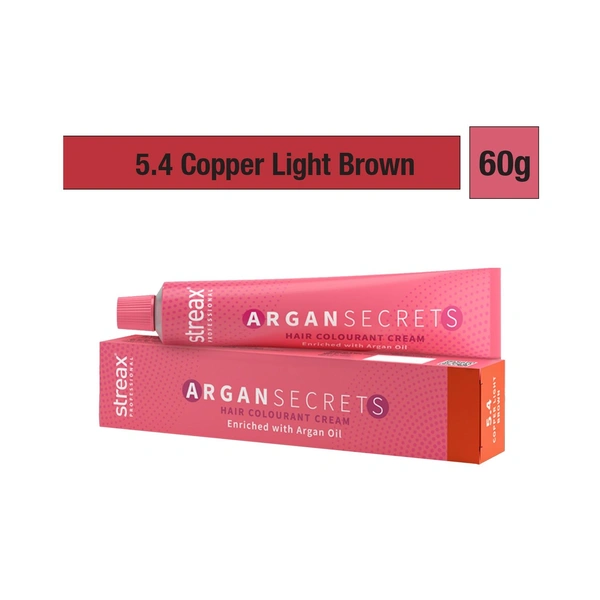 Streax Color Tube Argan Secrates   5.4 Copper Light Brown, 60g | Ammonia-Free & Long-Lasting | Enriched with Argan & Walnut Oil for Vibrant Hair Color |  Soft & Smooth Hair | Full Grey Coverage.