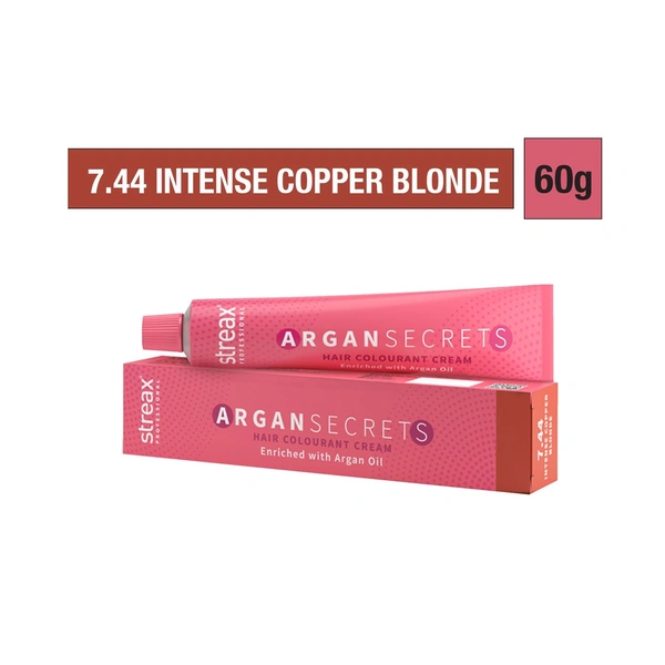 Streax Color Tube Argan Secrates   7.44 Intense Copper Blonde, 60g | Ammonia-Free & Long-Lasting | Enriched with Argan & Walnut Oil for Vibrant Hair Color |  Soft & Smooth Hair | Full Grey Coverage