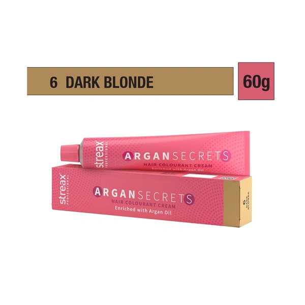 Streax Color Tube Argan Secrates   6 Dark Blonde, 60g | Ammonia-Free & Long-Lasting | Enriched with Argan & Walnut Oil for Vibrant Hair Color |  Soft & Smooth Hair | Full Grey Coverage.