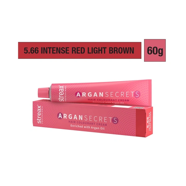 Streax Color Tube Argan Secrates   5.66 Intense Red Light Brown, 60g | Ammonia-Free & Long-Lasting | Enriched with Argan & Walnut Oil for Vibrant Hair Color |  Soft & Smooth Hair | Full Grey Coverage.60g