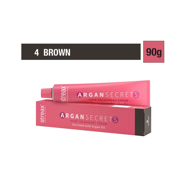 Streax Color Tube Argan Secrates   4 Brown, 60g | Ammonia-Free & Long-Lasting | Enriched with Argan & Walnut Oil for Vibrant Hair Color |  Soft & Smooth Hair | Full Grey Coverage