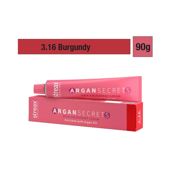 Streax Color Tube Argan Secrates   3.16 Burgundy, 60 | Ammonia-Free & Long-Lasting | Enriched with Argan & Walnut Oil for Vibrant Hair Color |  Soft & Smooth Hair | Full Grey Coverage