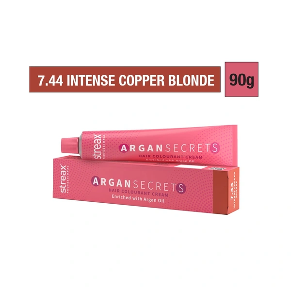 Streax Color Tube Argan Secrates   7.44 Intense Copper Blonde, 60g | Ammonia-Free & Long-Lasting | Enriched with Argan & Walnut Oil for Vibrant Hair Color |  Soft & Smooth Hair | Full Grey Coverage.