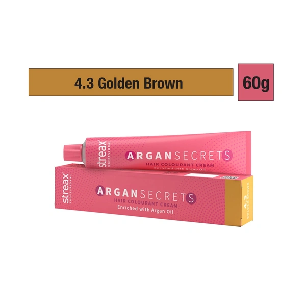Streax Color Tube Argan Secrates   4.3 Golden Brown, 60g | Ammonia-Free & Long-Lasting | Enriched with Argan & Walnut Oil for Vibrant Hair Color |  Soft & Smooth Hair | Full Grey Coverage.