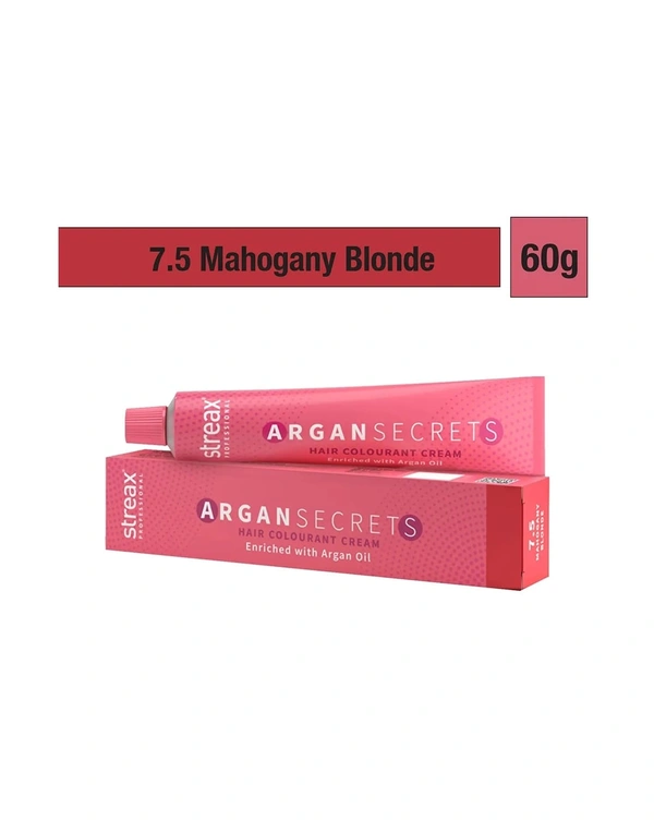 Streax Color Tube Argan Secrates   7.5 Mahogany Blonde, 60g | Ammonia-Free & Long-Lasting | Enriched with Argan & Walnut Oil for Vibrant Hair Color |  Soft & Smooth Hair | Full Grey Coverage.