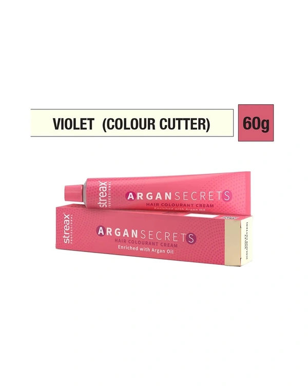 Streax Color Tube Argan Secrates  Violet (Colour Cutter), 60g | Ammonia-Free & Long-Lasting | Enriched with Argan & Walnut Oil for Vibrant Hair Color |  Soft & Smooth Hair | Full Grey Coverage.