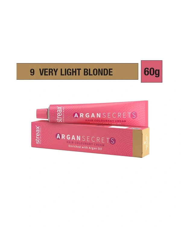 Streax Color Tube Argan Secrates   9 Very Light Blonde, 60g | Ammonia-Free & Long-Lasting | Enriched with Argan & Walnut Oil for Vibrant Hair Color |  Soft & Smooth Hair | Full Grey Coverage.