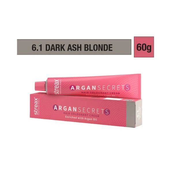Streax Color Tube Argan Secrates   6.1 Dark Ash Blonde, 60g | Ammonia-Free & Long-Lasting | Enriched with Argan & Walnut Oil for Vibrant Hair Color |  Soft & Smooth Hair | Full Grey Coverage.