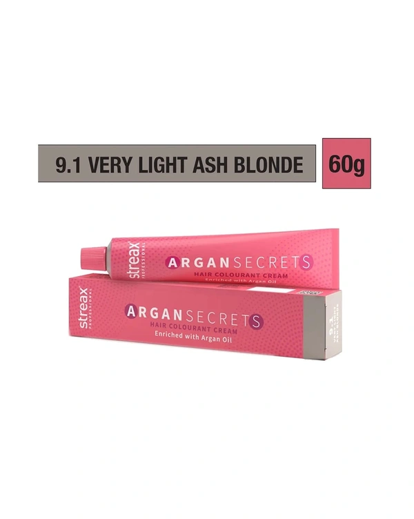 Streax Color Tube Argan Secrates   9.1 Very Light Ash Blonde, 60g | Ammonia-Free & Long-Lasting | Enriched with Argan & Walnut Oil for Vibrant Hair Color | Full Grey Coverage.