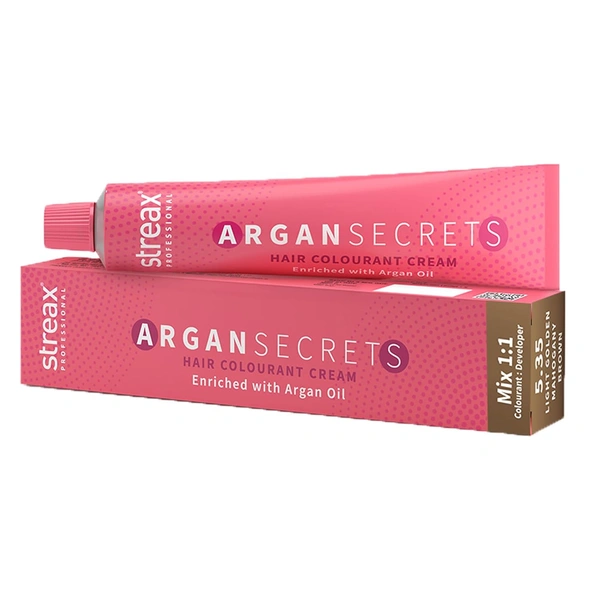Streax Color Tube Argan Secrates 5.35 Light Golden Mahogany Brown 60g | Ammonia-Free & Long-Lasting | Enriched with Argan & Walnut Oil for Vibrant Hair Color |  Soft & Smooth Hair | Full Grey Coverage