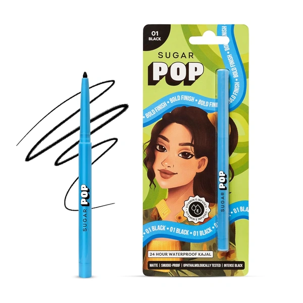 Sugar Pop 24-Hour Waterproof Matte Kajal - Black | Smudge-Proof, Transfer-Proof, Highly Pigmented Eye Kajal | Long-Lasting Matte Finish with Smooth Glide | Sharpener Included