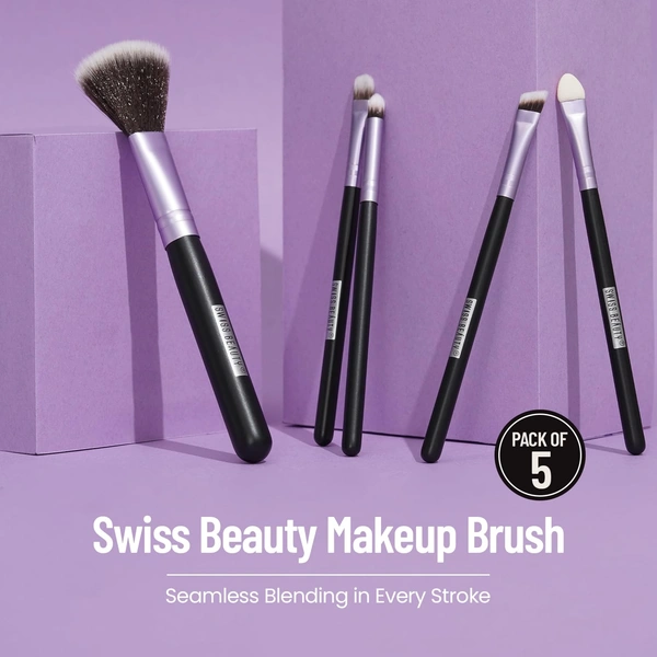 Swiss Beauty 5 Pcs Makeup Brush Set | Purple 01 | High Quality Synthetic Fibre