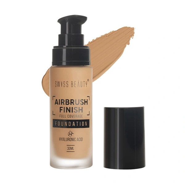 Swiss Beauty Airbrush Finish Full Coverage Foundation Nude Beige, 30ml | Lightweight & Hydrating, Water-Resistant Formula | Hyaluronic Acid for a Flawless Matte Look