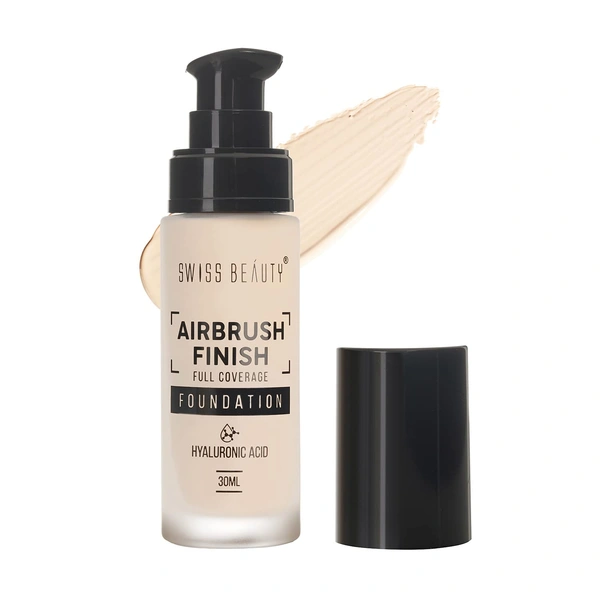 Swiss Beauty Airbrush Finish Full Coverage Foundation  Shell White, 30ml | Lightweight & Hydrating, Water-Resistant Formula | Hyaluronic Acid for a Flawless Matte Look