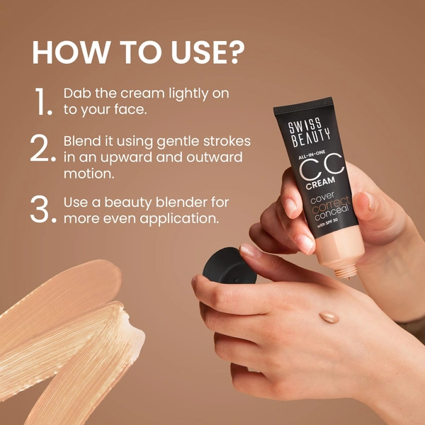 Swiss Beauty All-In-One Lightweight Soft Ivory CC Cream 25g with SPF 30 | Covers, Corrects & Conceals | Hydrating, Long-Lasting & Perfect for Daily Use
