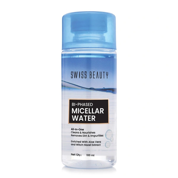 Swiss Beauty Bi-Phased Micellar Face Cleansing Water 100 ml | Refreshing & Nourishing Makeup Remover | Removes dirt, impurities | Gentle & Effective Cleansing | With Aloe vera and Witch Hazel Extract |